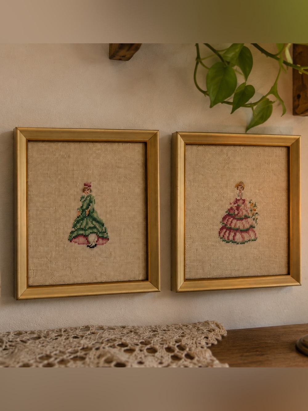 Vintage Needlepoint Victorian Ladies Framed Art Shabby Cottagecore Wall Decor